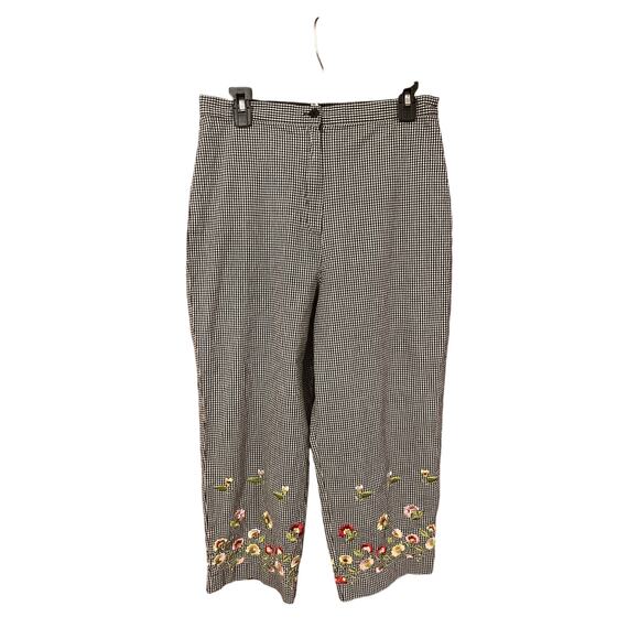 VINTAGE Larry Levine High Waisted Embroidered Gingham Cotton Floral Pants 14 - Picture 1 of 6